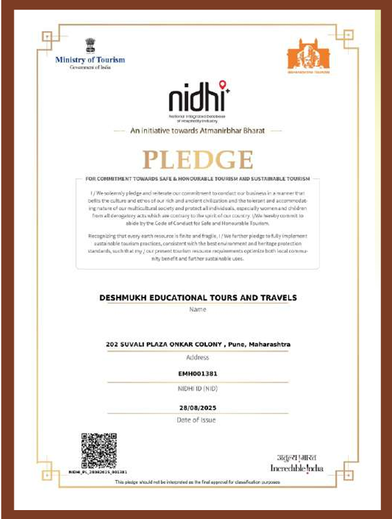NIDHI Safe and Honourable Tourism Pledge certificate
