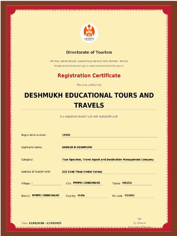 Maharashtra Directorate of Tourism registration certificate