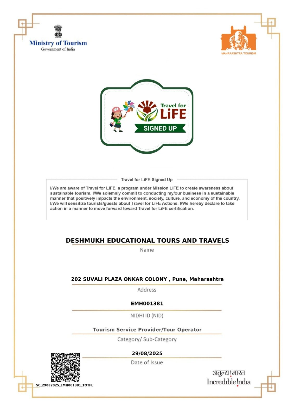 Travel for LiFE sign-up certificate